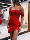Red Off Shoulder Ruched Split Mini Dress PT020117428