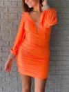 Orange Deep V Neck Satin Long Sleeves Bodycon Mini Dress PT020110285