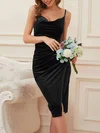 Elegant Black Velvet Sheath/Column Cowl Neck Ruched Midi Dress PT02023871