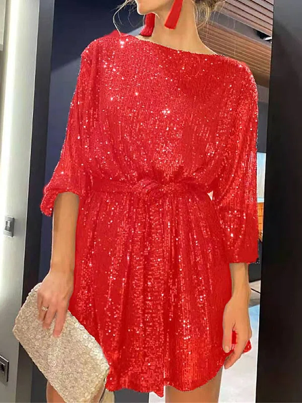 Red Sequins Long Sleeve Mini Dress PT02023856