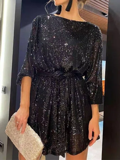 Sparkly Black Sequin A-line Scoop Neck Long Sleeve Mini Dress PT02023854