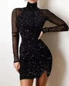 Black Glitter High Neck Long Sleeve Bodycon Mini Dress PT02023825