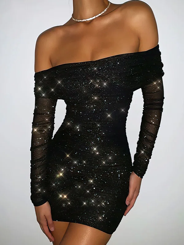 Black Glitter Off Shoulder Long Sleeve Ruched Bodycon Mini Dress PT02023797