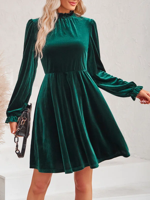 Dark Green Ruffle Trim High Neck Velvet Long Sleeve Midi Dress PT02023973