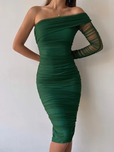 Elegant Sheath/Column One Shoulder Ruched Split Midi Dress PT02023978