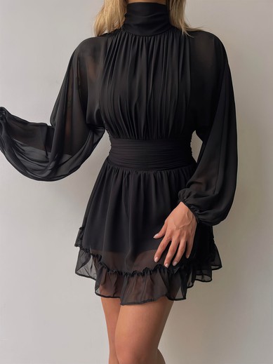 Black Ruffle Hem High Neck Chiffon Long Sleeve Mini Dress PT02023993
