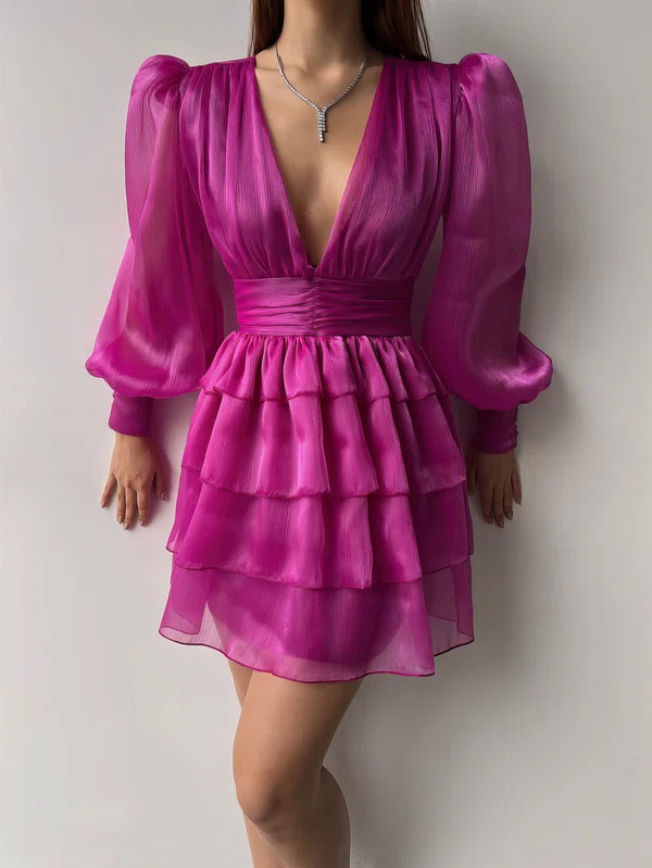 Fuchsia Ruffle Hem Deep V Neck Chiffon Long Sleeve Mini Dress PT02023994