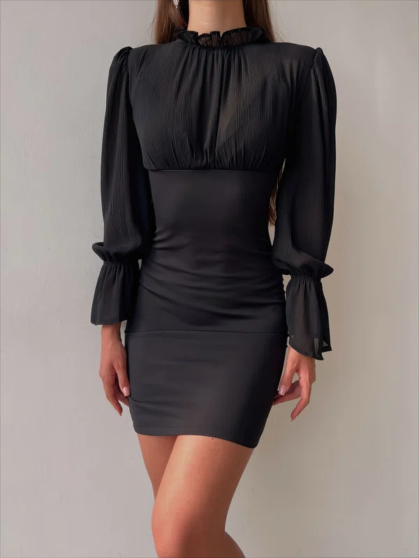Black High Neck Long Sleeve Ruffles Mini Dress PT02024006