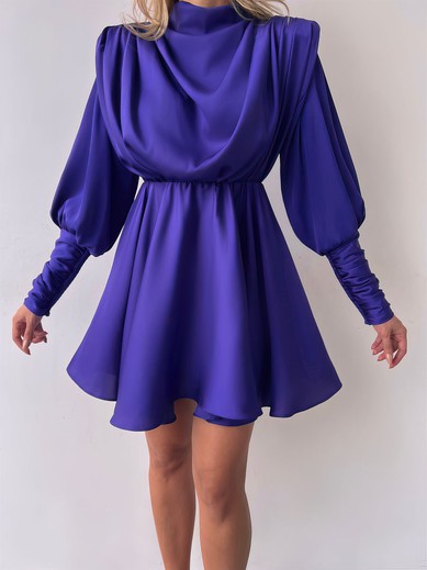 High Neck Satin Long Sleeve Ruched Mini Dress PT02024030