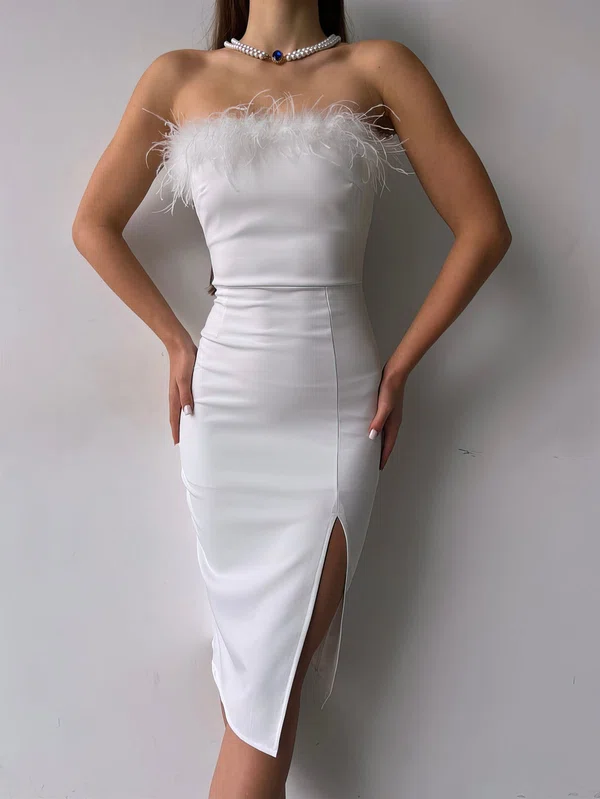 White Fuzzy Trim Tube Bodycon Midi Dress PT02024033