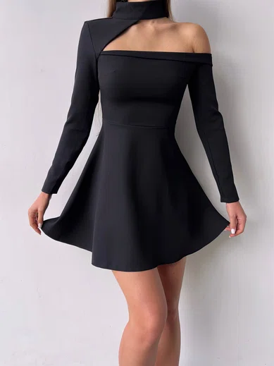 Unique Black A-line High Neck Cut Out Long Sleeve Mini Dress PT02024037