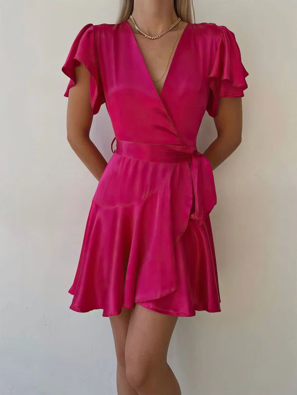 Fuchsia Ruffle Hem Satin Mini Dress PT02024061