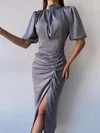 Ruched High Neck Satin Split Bodycon Maxi Dress PT02024067