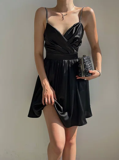 Elegant Black Satin A-line V-neck Ruched Mini Dress PT02024085