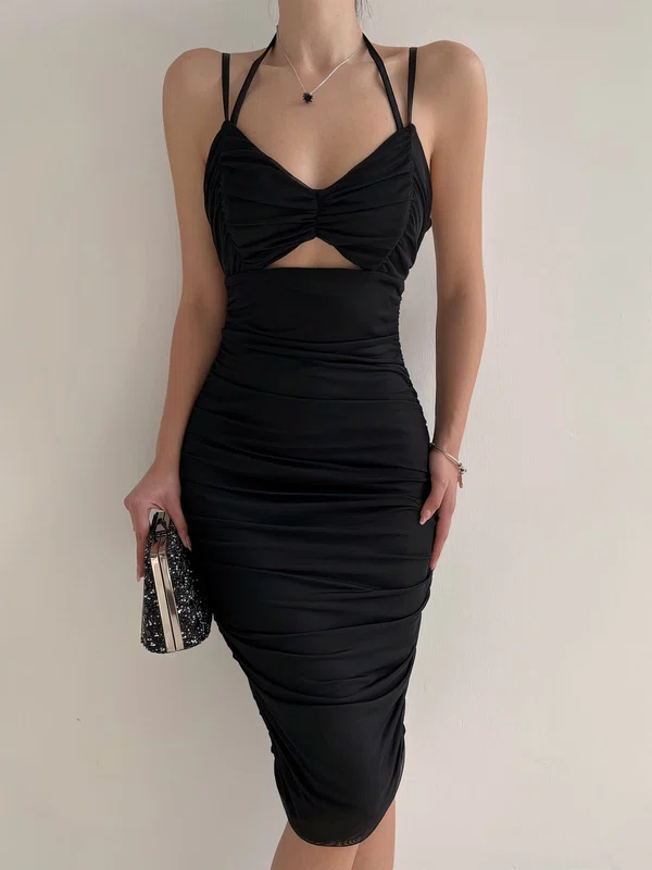 Black Ruched Cut Out Chiffon Bodycon Midi Dress PT02024114