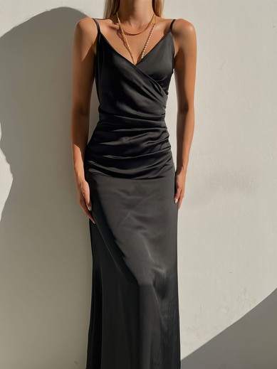 Black Ruched Satin Maxi Dress PT02024119