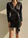 Black Draped Side Ruched Satin Long Sleeve Mini Dress PT02024178