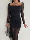 Black Draped Side Long Sleeve Mesh Bodycon Maxi Dress PT02024186