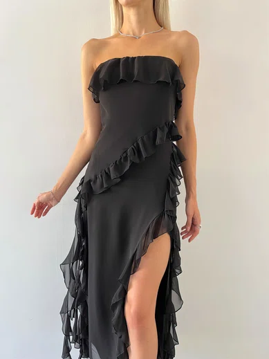 Unique Black Chiffon Sheath/Column Split Ruffle Maxi Dress PT02024194