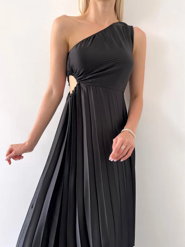 Black Cut Out One Shoulder Chiffon Pleats Maxi Dress PT02024198