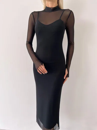 Modest Black Jersey Sheath/Column Long Sleeve Midi Dress PT02024203