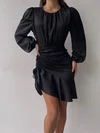 Black Ruffle Hem Drawstring Satin Long Sleeve Mini Dress PT02024204