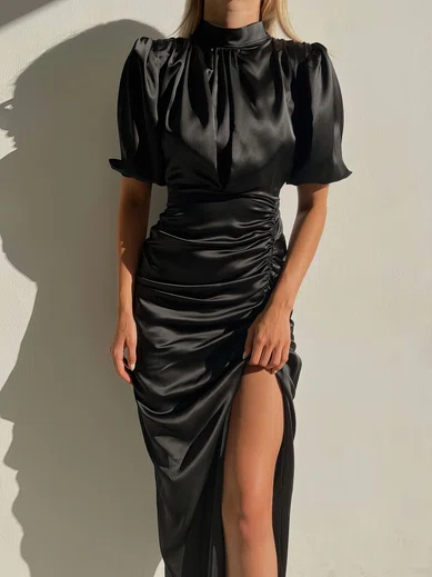 Modest Black Satin Sheath/Column Ruched Split Maxi Dress PT02024207