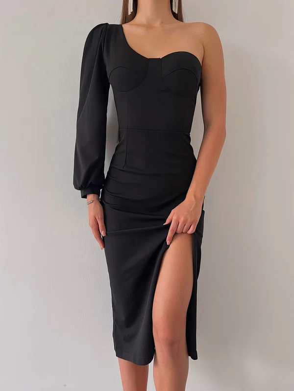 Black One Shoulder Long Sleeve Split Midi Dress PT02024210
