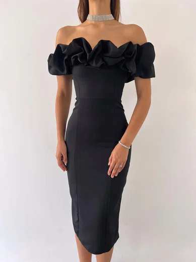 Elegant Black Stretch Crepe Sheath/Column Ruffle Midi Dress PT02024212
