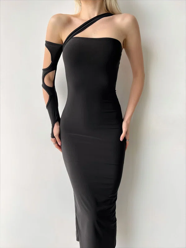 Black One Shoulder Long Sleeve Midi Dress PT02024219