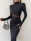 Black High Neck Long Sleeve Cut Out Bodycon Midi Dress PT02024228