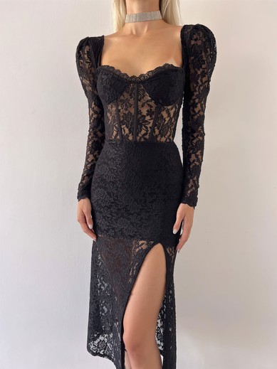Black Lace Long Sleeve Split Midi Dress PT02024230