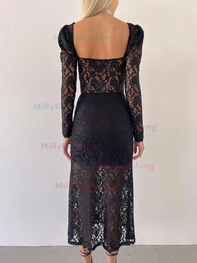 Black Lace Long Sleeve Split Midi Dress