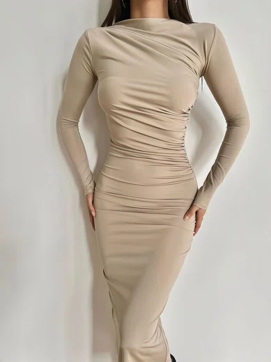 Modest Sheath/Column Jersey Long Sleeve Ruched Midi Dress PT02024233