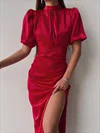 Red High Neck Ruched Satin Split Midi Dress PT02024239