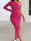 Elegant Sheath/Column Velvet One Shoulder Ruched Maxi Dress PT02024384