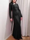 Black Ruched Asymmetrical Neck Long Sleeve Maxi Dress PT02024454