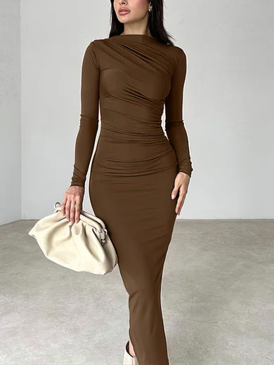 Modest Sheath/Column Jersey Long Sleeve Ruched Maxi Dress PT02024466