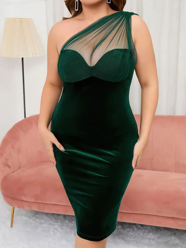 Dark Green Plus One Shoulder Velvet Split Bodycon Midi Dress PT02024517