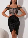 Black Ruched Satin Split Bodycon Midi Dress PT02024559