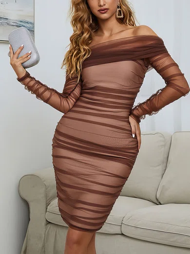 Elegant Sheath/Column Tulle Long Sleeve Ruched Midi Dress PT02024657