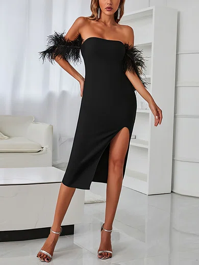 Elegant Black Stretch Crepe Sheath/Column Feathers Midi Dress PT02024666