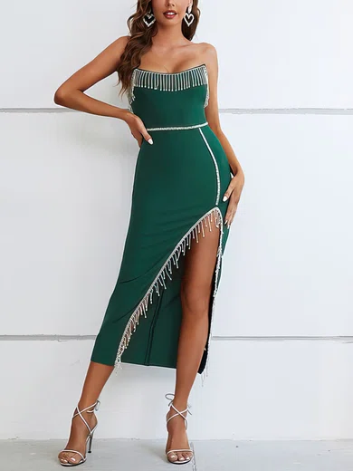 Elegant Sheath/Column Stretch Crepe Split Fringe Midi Dress PT02024703