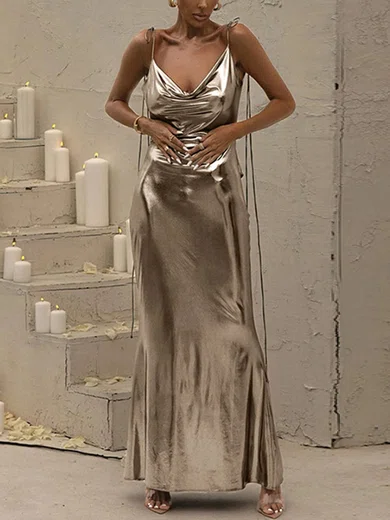 Unique Sheath/Column Metallic Cowl Neck Ruched Maxi Dress PT02024747