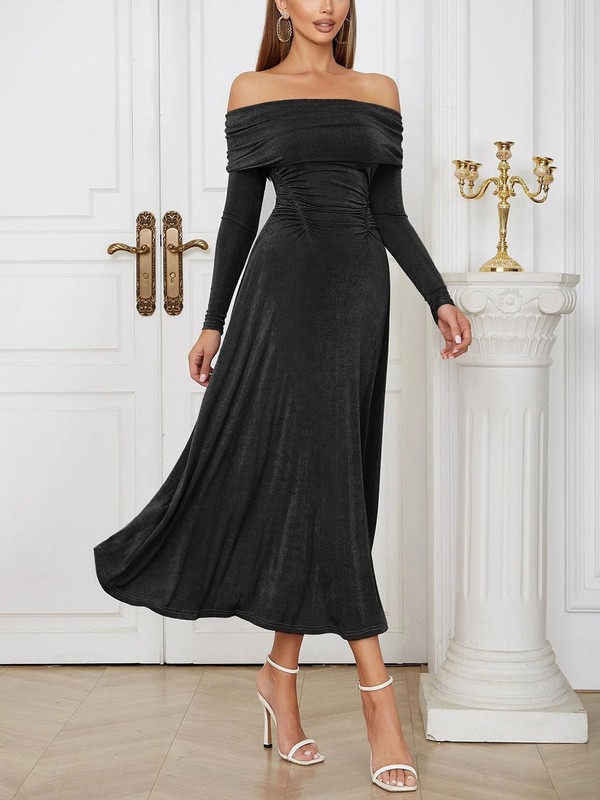 Black Off Shoulder Velvet Midi Dress | MillyBridal