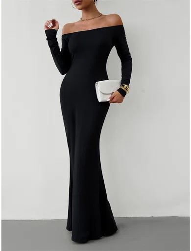 Elegant Black Jersey Sheath/Column Long Sleeve Maxi Dress PT02024789