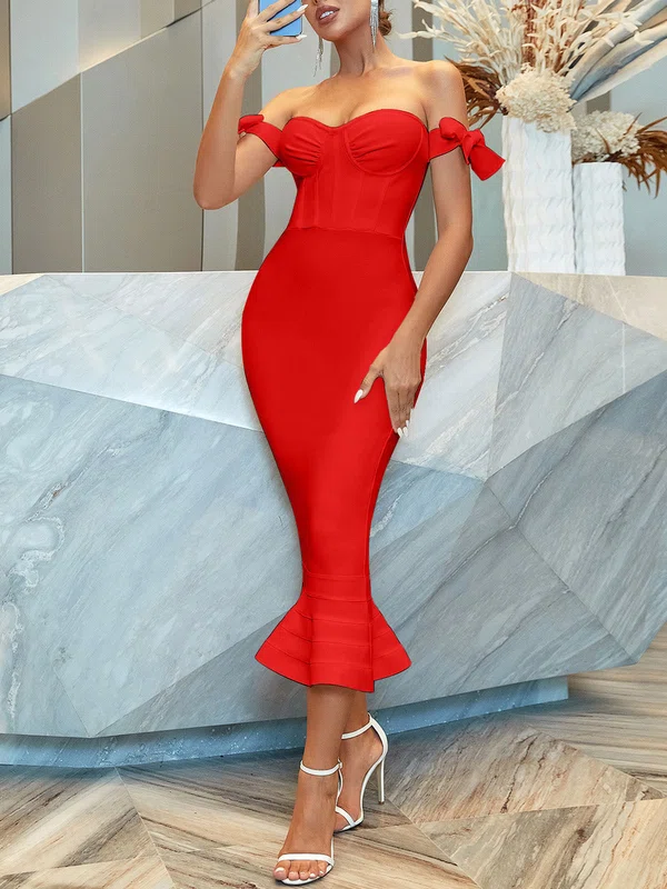 Red Off Shoulder Ruffle Hem Bandage Midi Dress PT02024838