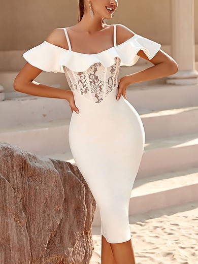 White Off Shoulder Ruffle Trim Split Back Bodycon Midi Dress PT02024867