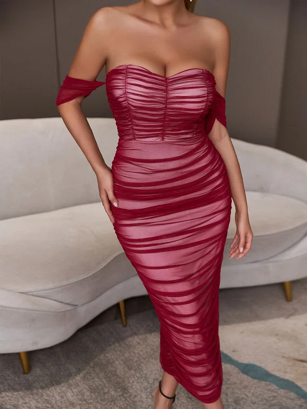 Burgundy Off Shoulder Ruched Split Back Bodycon Maxi Dress PT02024872