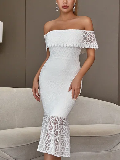 Elegant White Lace Trumpet/Mermaid Off-the-shoulder Midi Dress PT02025067